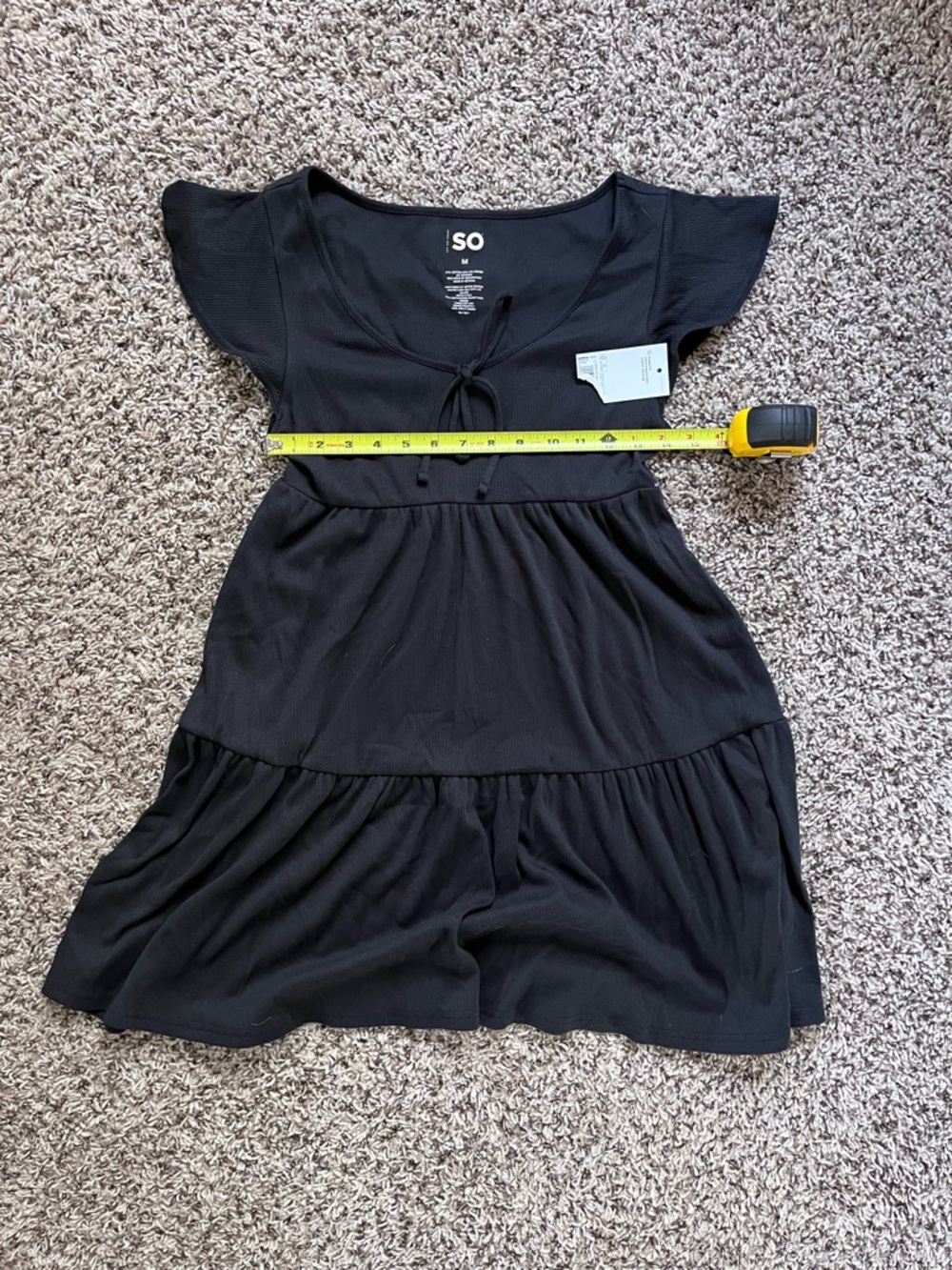 SO Black Ribbed Knit Tiered Babydoll Mini‎ Dress Tie Front Flutter Sleeve Size M - Picture 4 of 5